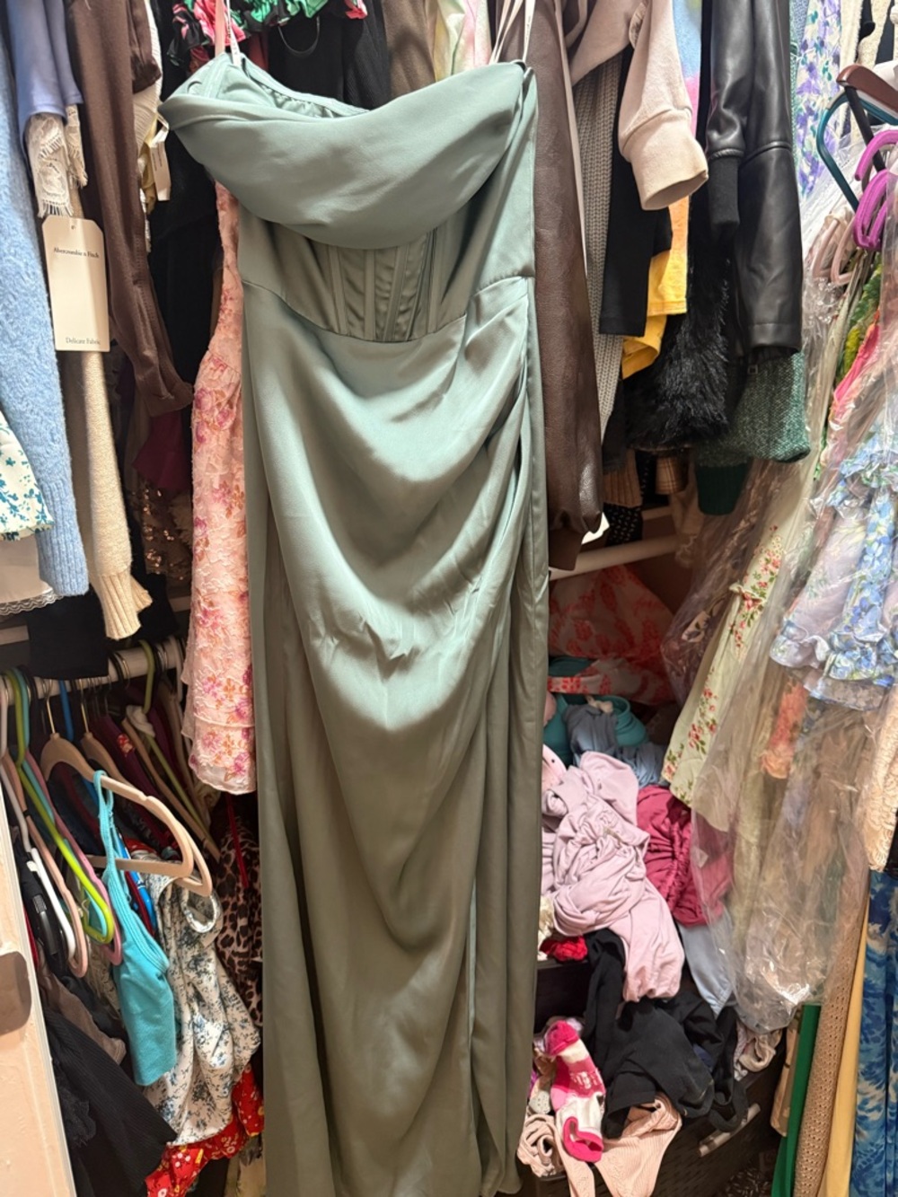 Strapless Sage Green Draped Evening Gown